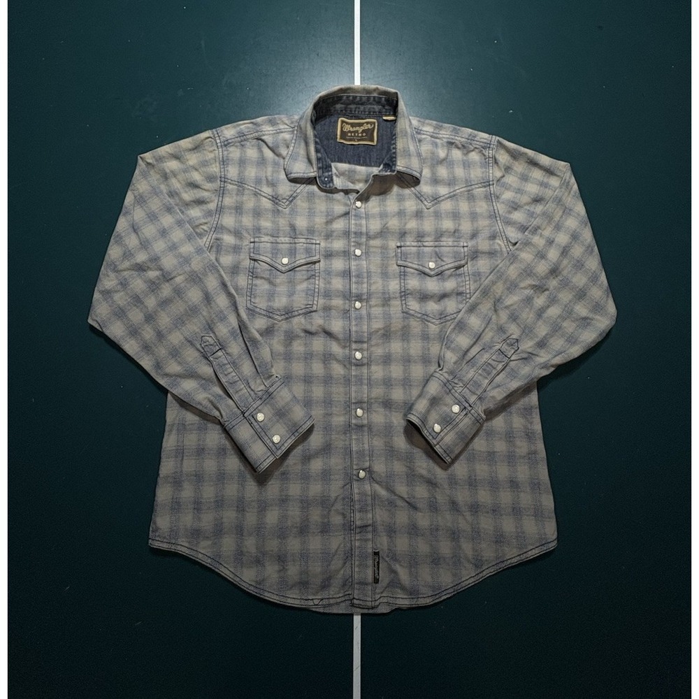 Vintage Wrangler Pearl Snap Shirt Men Large Blue Gray Plaid Cowboy Western Rodeo
